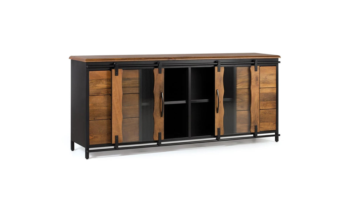 Giner and Colomer - Industrial Mango Wood & Metal Sideboard With 2 Sliding Doors & 6 Drawers