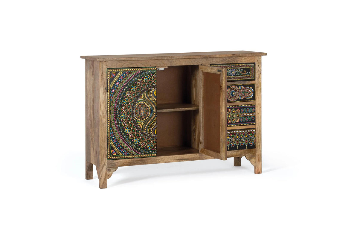 Giner and Colomer - Mango Wood Sideboard With 2 Doors, 4 Drawers & Hand-Painted Details