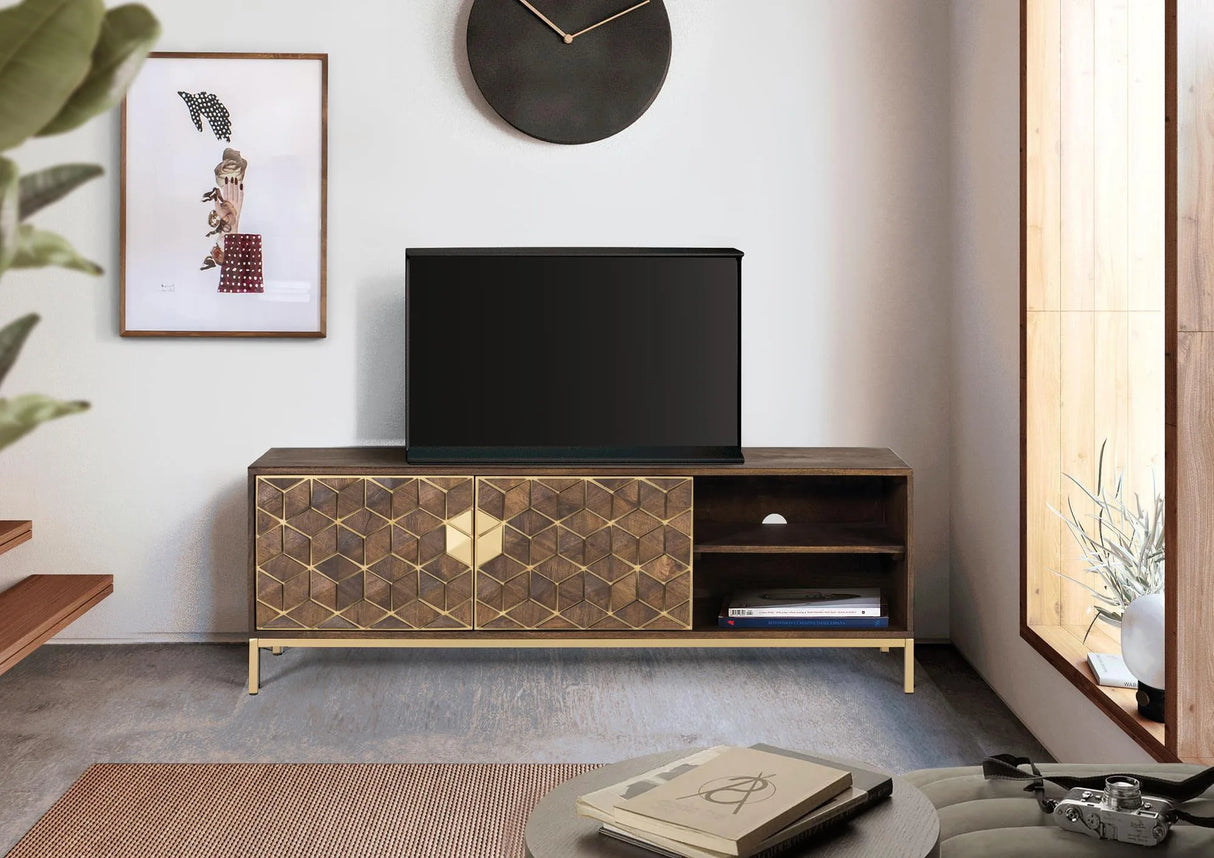 Giner and Colomer - Mango Wood & Metal TV Cabinet With 2 Doors & 2 Holes