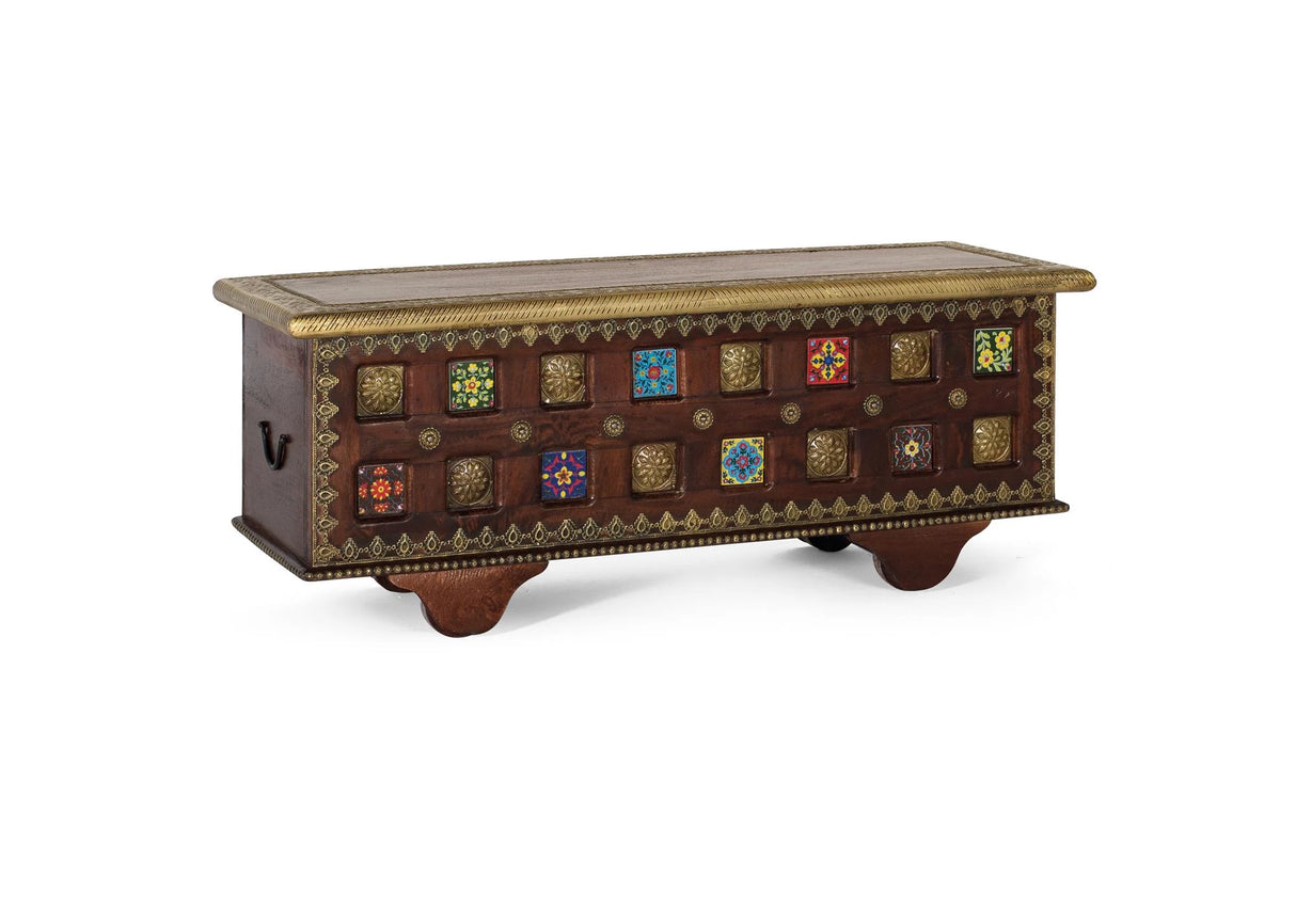Giner and Colomer - Solid Mango Wood Chest With Bronze Details & Multi-Colored Ceramic Tiles
