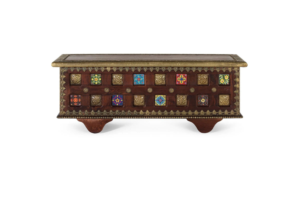 Giner and Colomer - Solid Mango Wood Chest With Bronze Details & Multi-Colored Ceramic Tiles