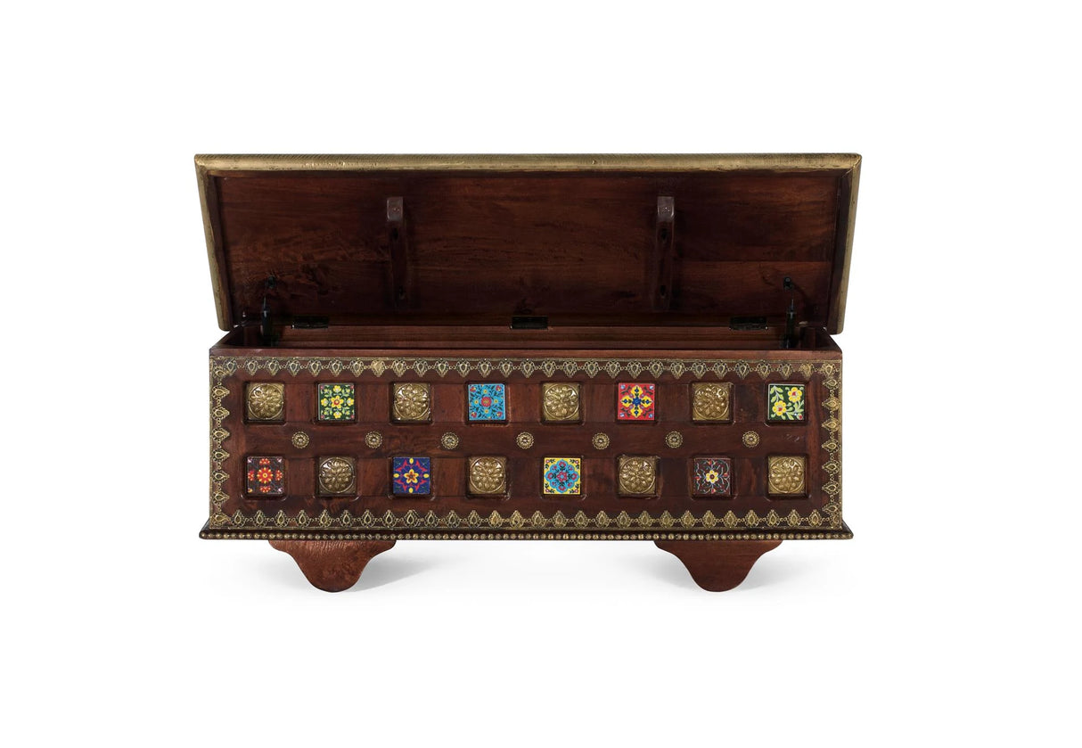 Giner and Colomer - Solid Mango Wood Chest With Bronze Details & Multi-Colored Ceramic Tiles