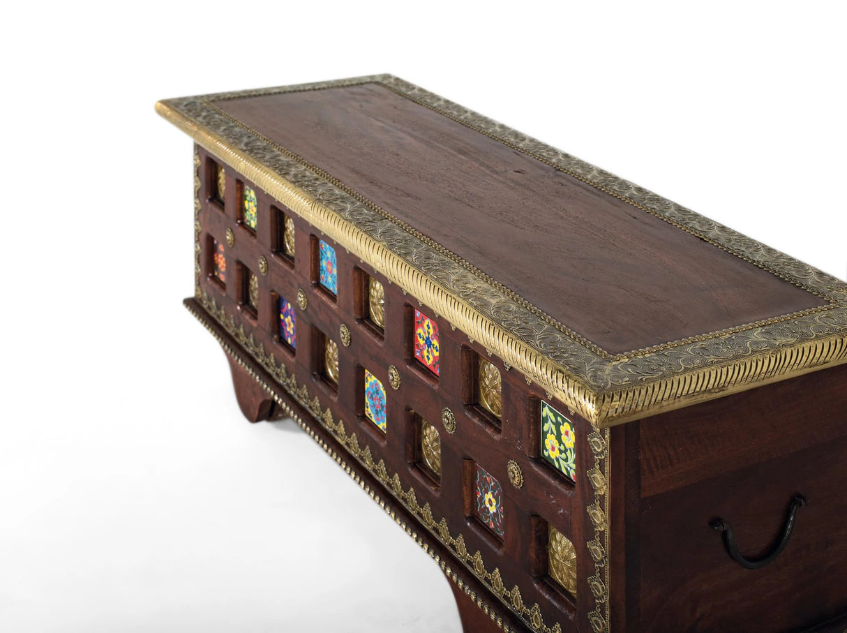 Giner and Colomer - Solid Mango Wood Chest With Bronze Details & Multi-Colored Ceramic Tiles
