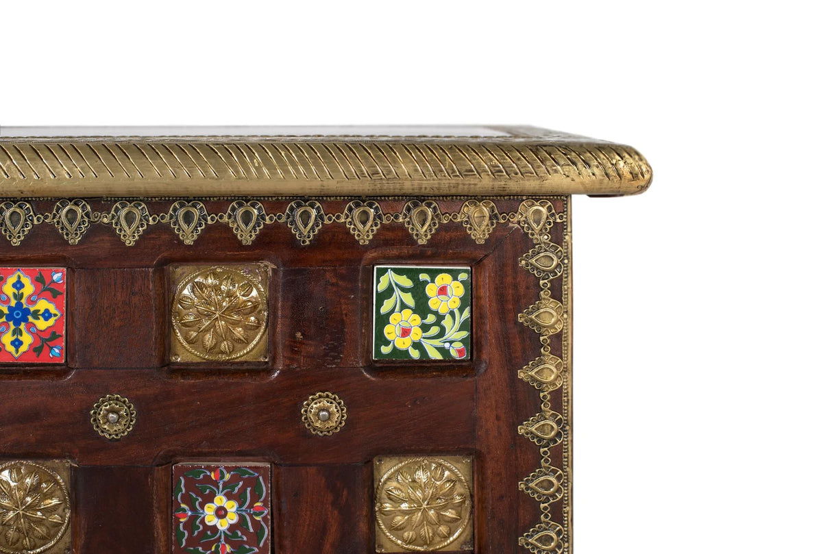 Giner and Colomer - Solid Mango Wood Chest With Bronze Details & Multi-Colored Ceramic Tiles