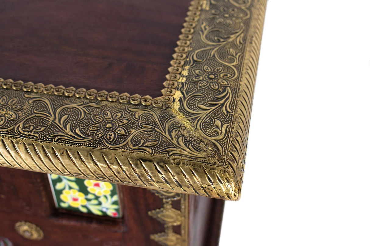 Giner and Colomer - Solid Mango Wood Chest With Bronze Details & Multi-Colored Ceramic Tiles
