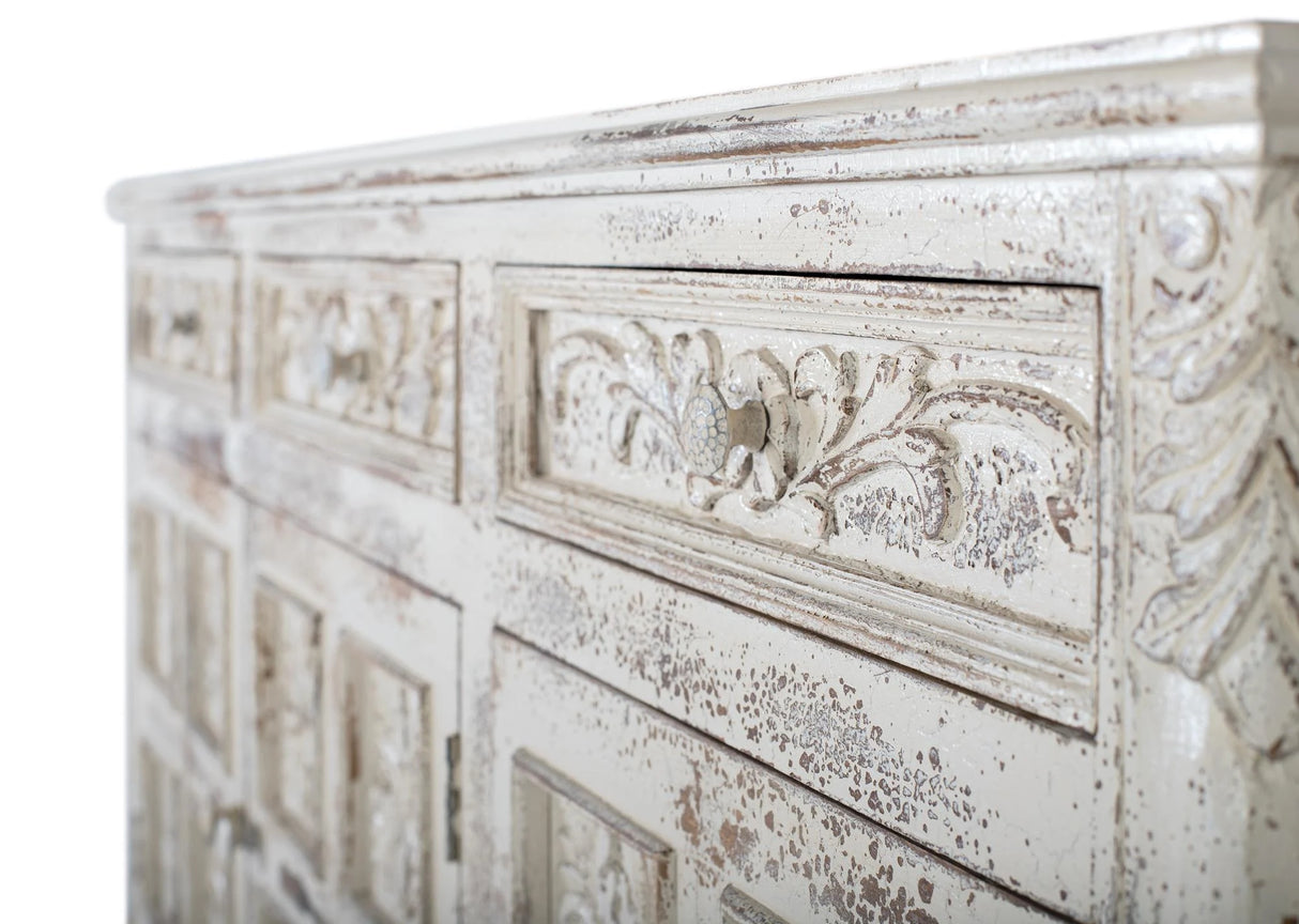 Giner and Colomer - Crackled White Mango Wood Sideboard With 3 Hand-Carved Doors