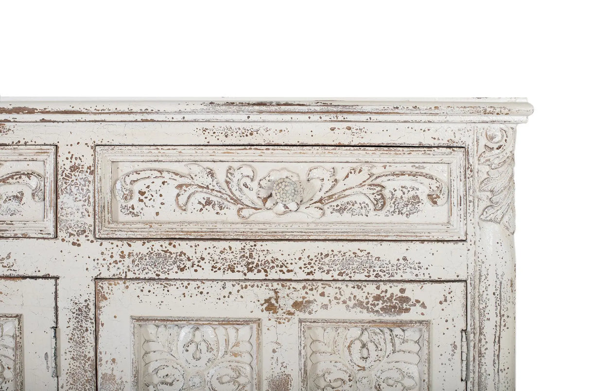 Giner and Colomer - Crackled White Mango Wood Sideboard With 3 Hand-Carved Doors