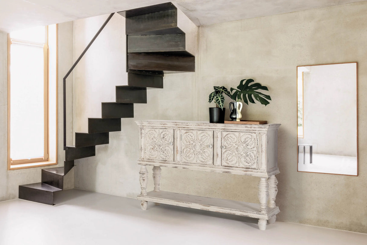 Giner and Colomer - Mango Wood Console With 3 Hand-Carved Doors & Turned Legs