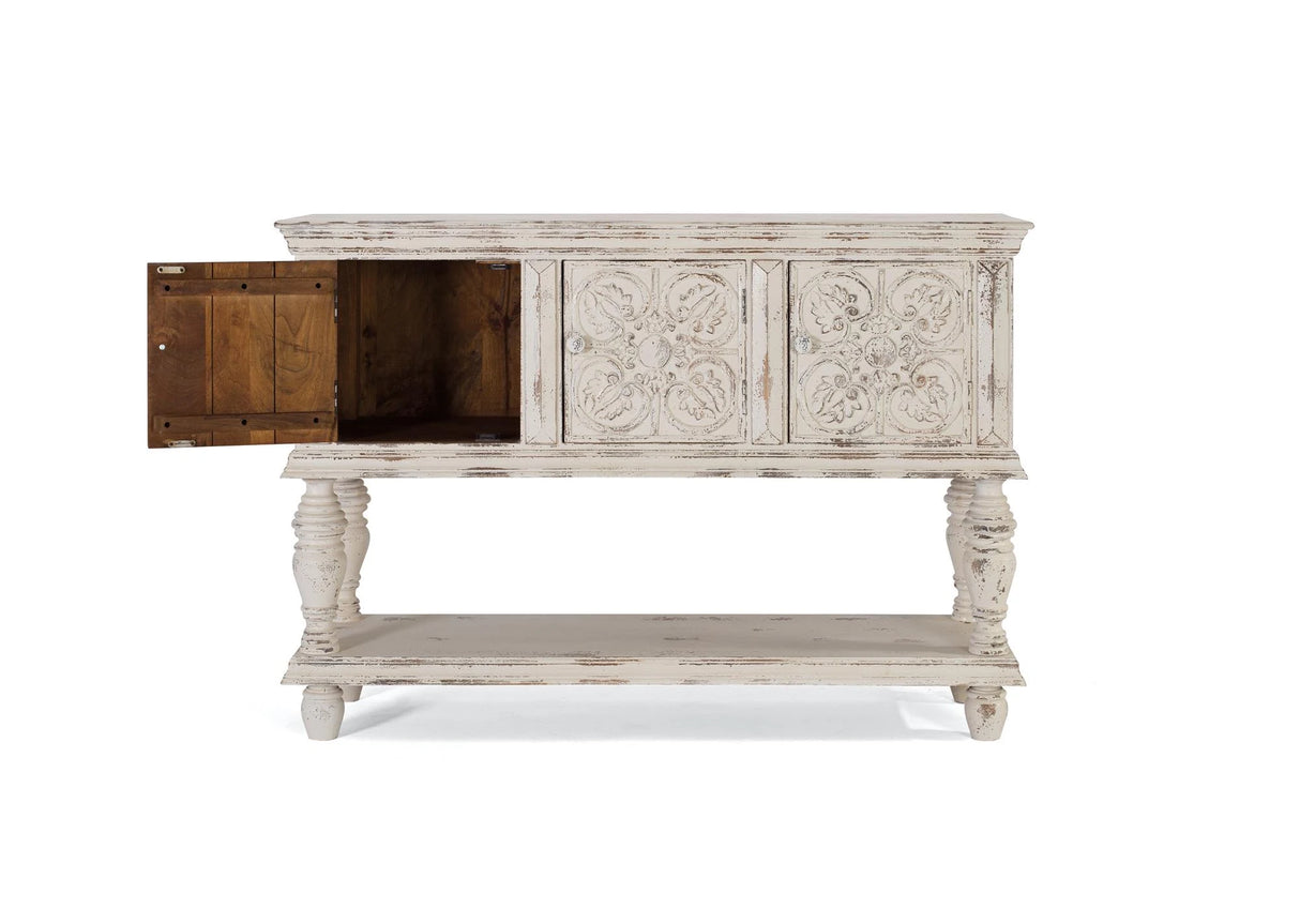 Giner and Colomer - Mango Wood Console With 3 Hand-Carved Doors & Turned Legs
