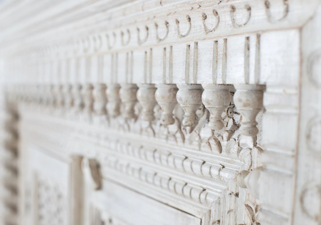 Giner and Colomer - Antique White Mango Wood Sideboard With 2 Hand-Carved Doors