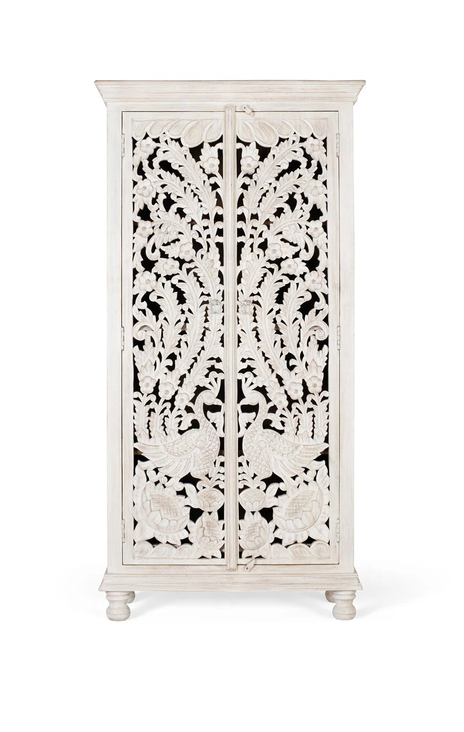 Giner and Colomer - Antique White Mango Wood Wardrobe With 2 Hand-Carved Doors