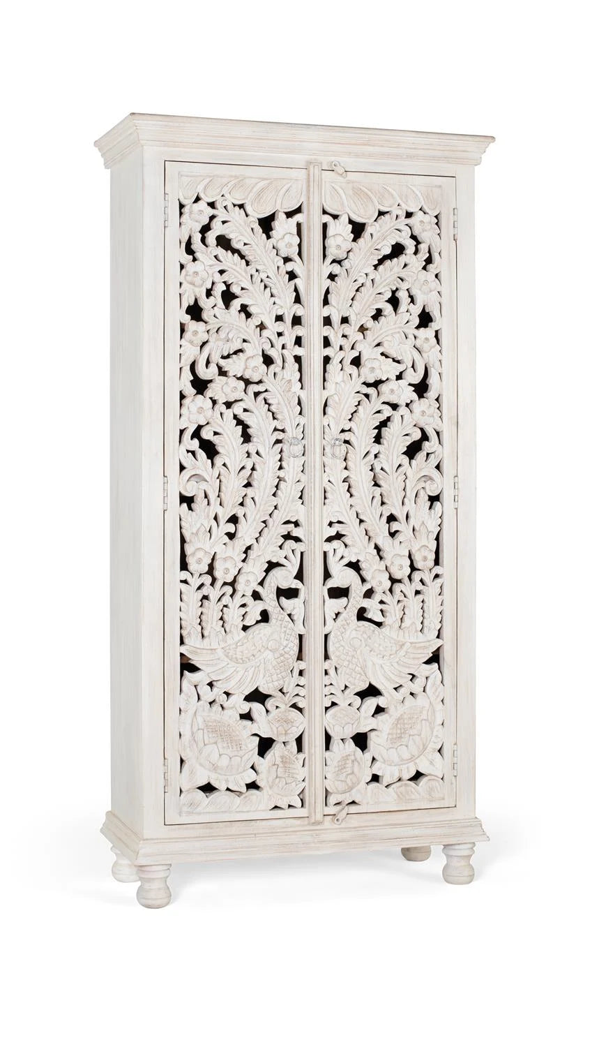 Giner and Colomer - Antique White Mango Wood Wardrobe With 2 Hand-Carved Doors