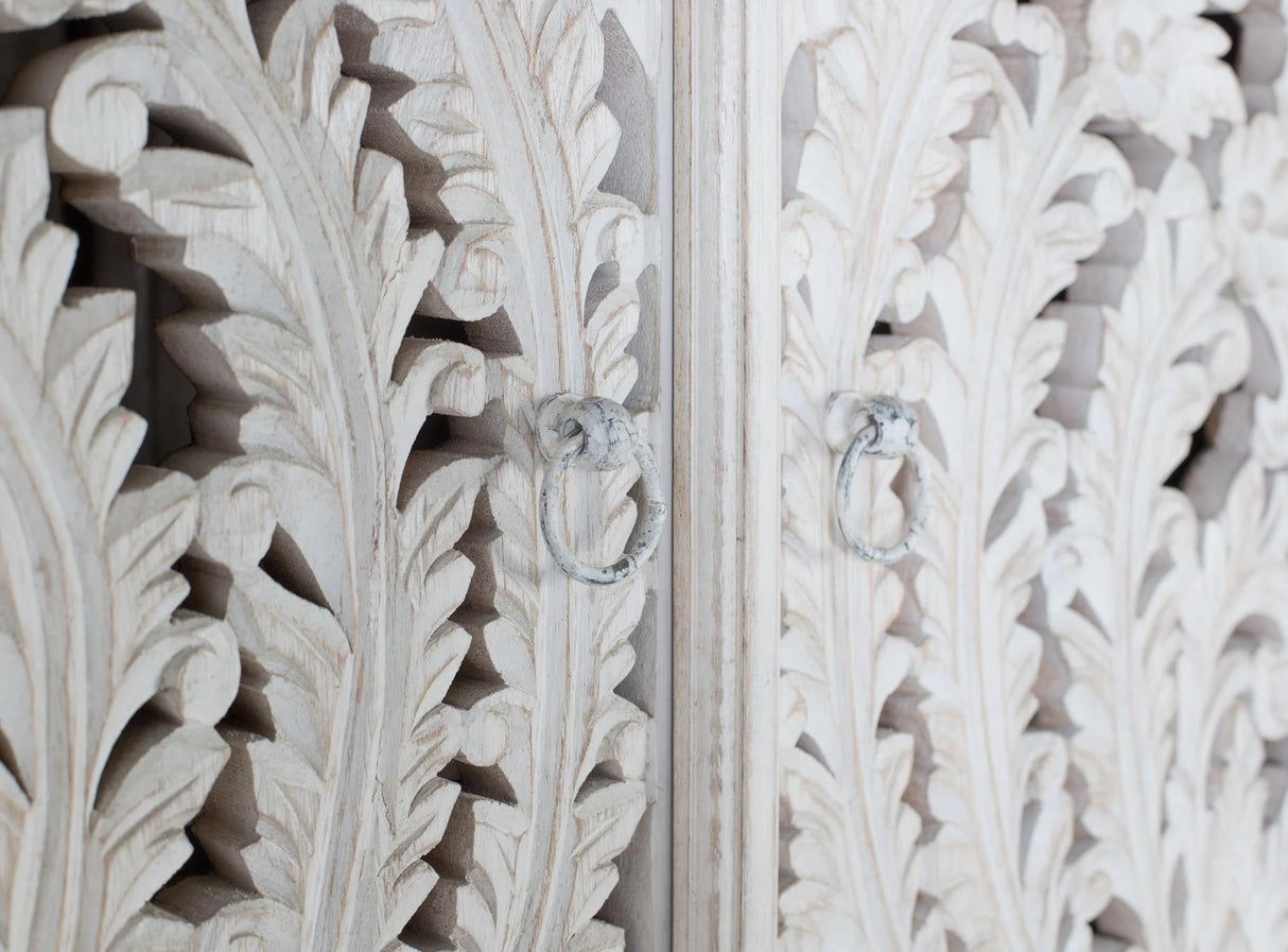 Giner and Colomer - Antique White Mango Wood Wardrobe With 2 Hand-Carved Doors