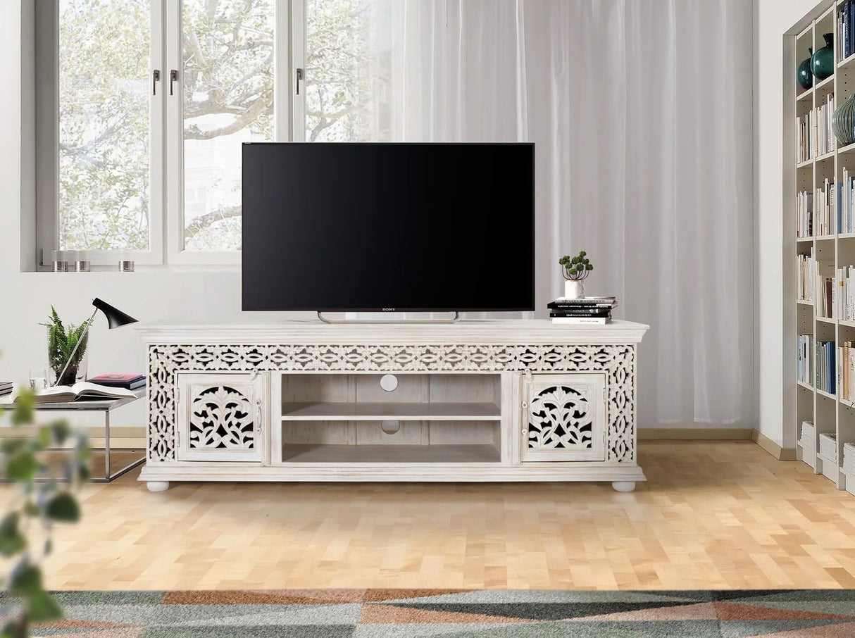 Giner and Colomer - Antique White Mango Wood TV Cabinet With Hand-Carved Doors