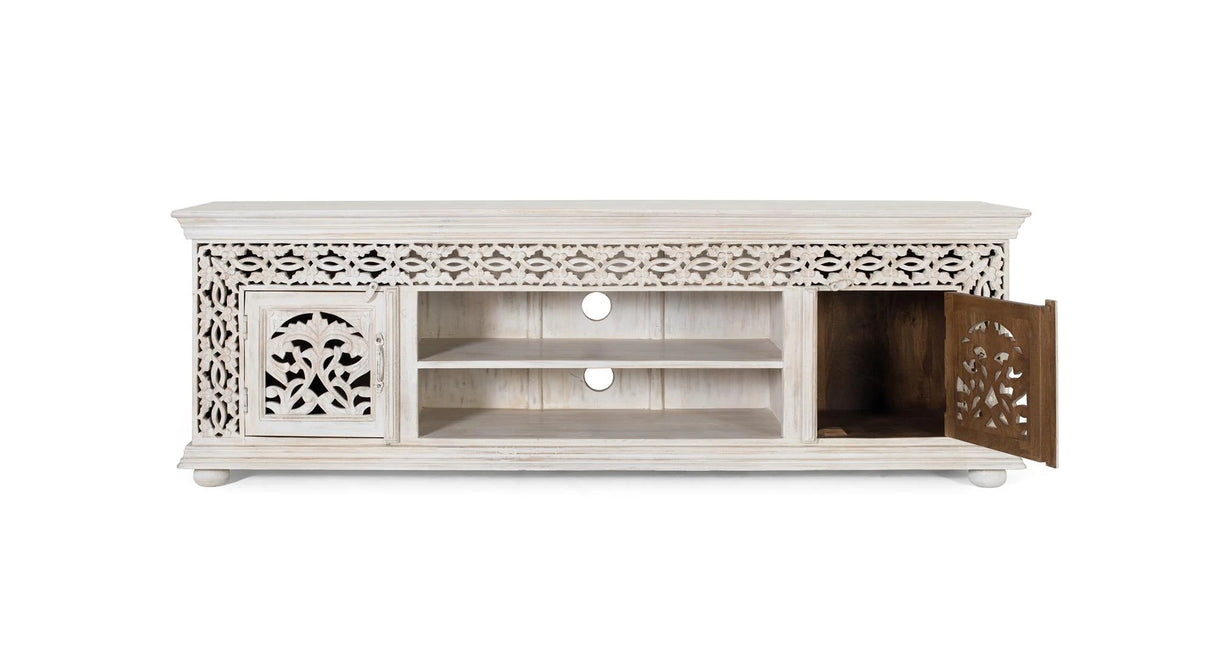 Giner and Colomer - Antique White Mango Wood TV Cabinet With Hand-Carved Doors
