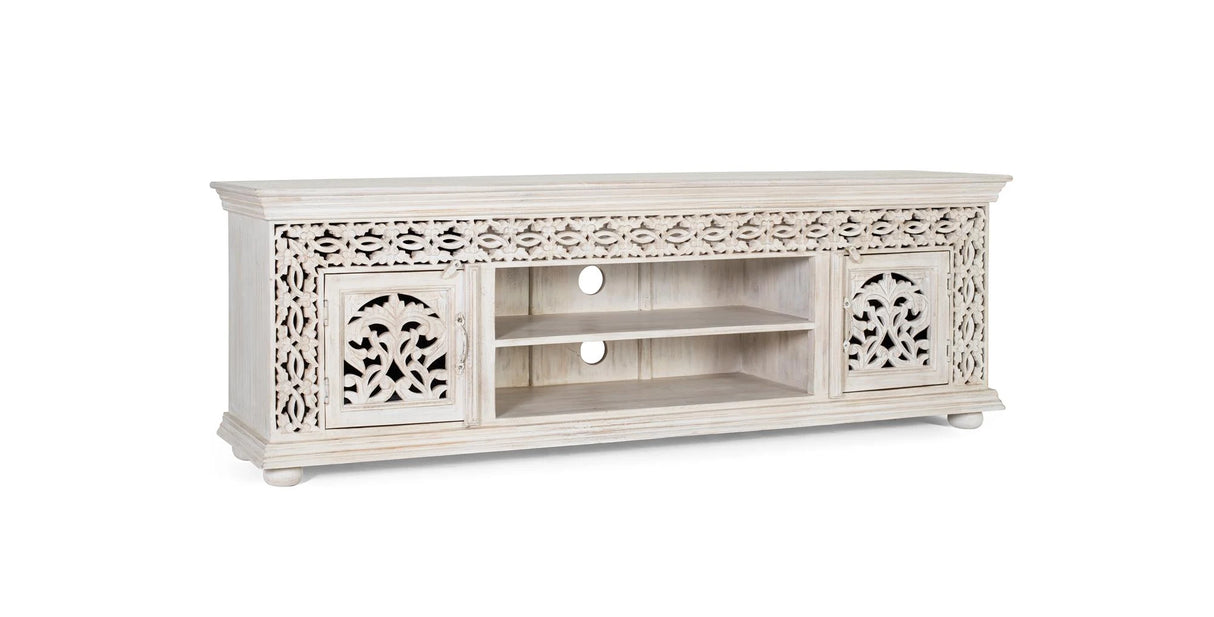 Giner and Colomer - Antique White Mango Wood TV Cabinet With Hand-Carved Doors