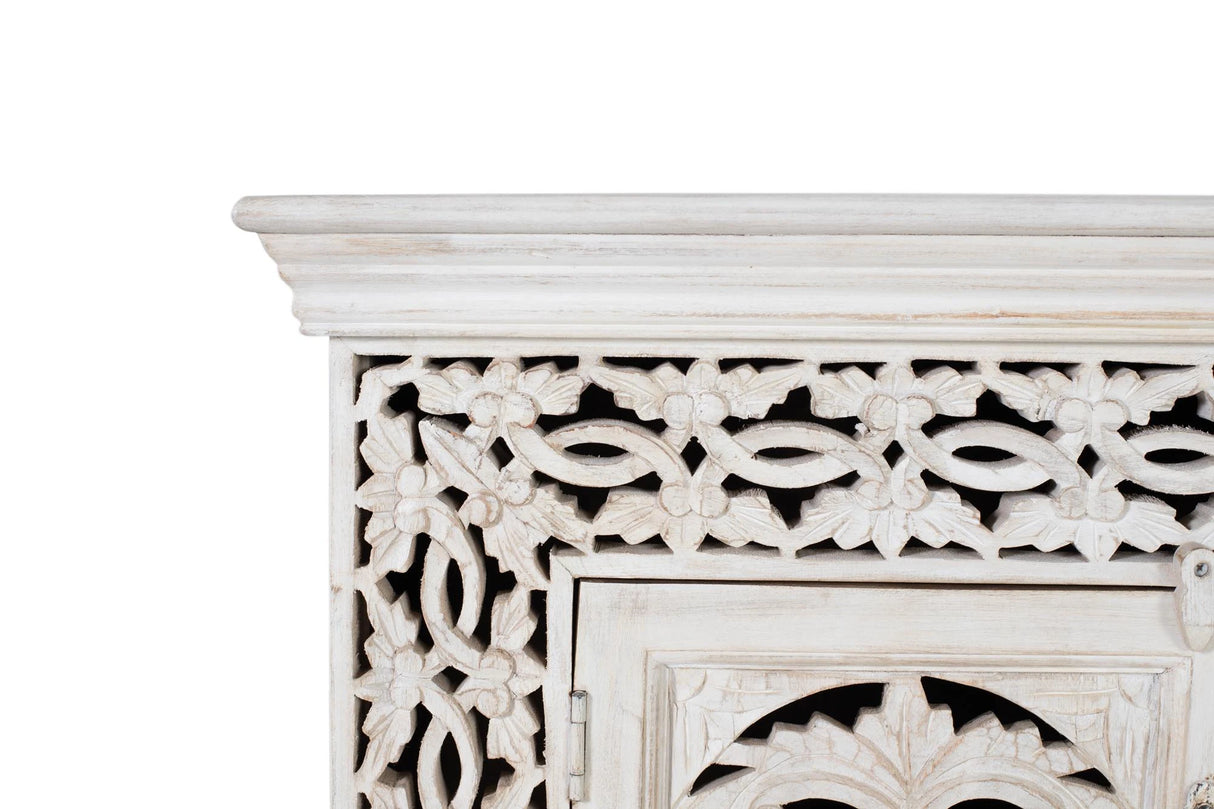 Giner and Colomer - Antique White Mango Wood TV Cabinet With Hand-Carved Doors