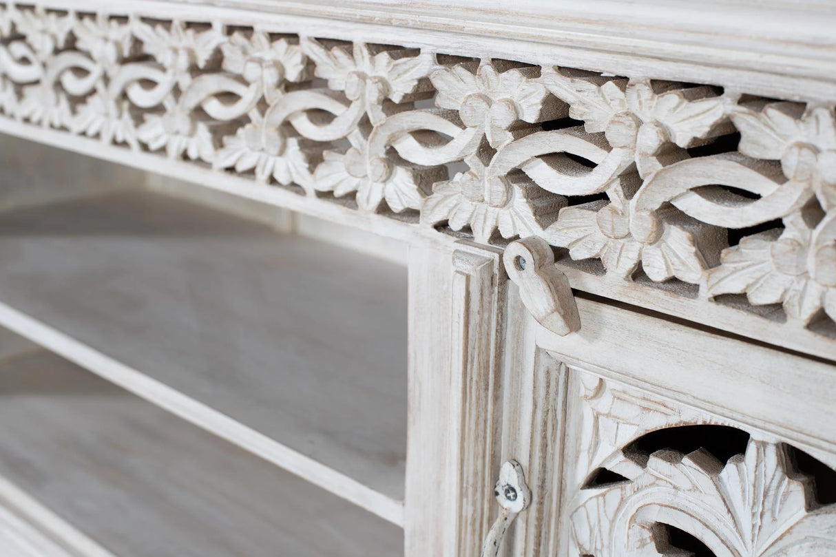 Giner and Colomer - Antique White Mango Wood TV Cabinet With Hand-Carved Doors