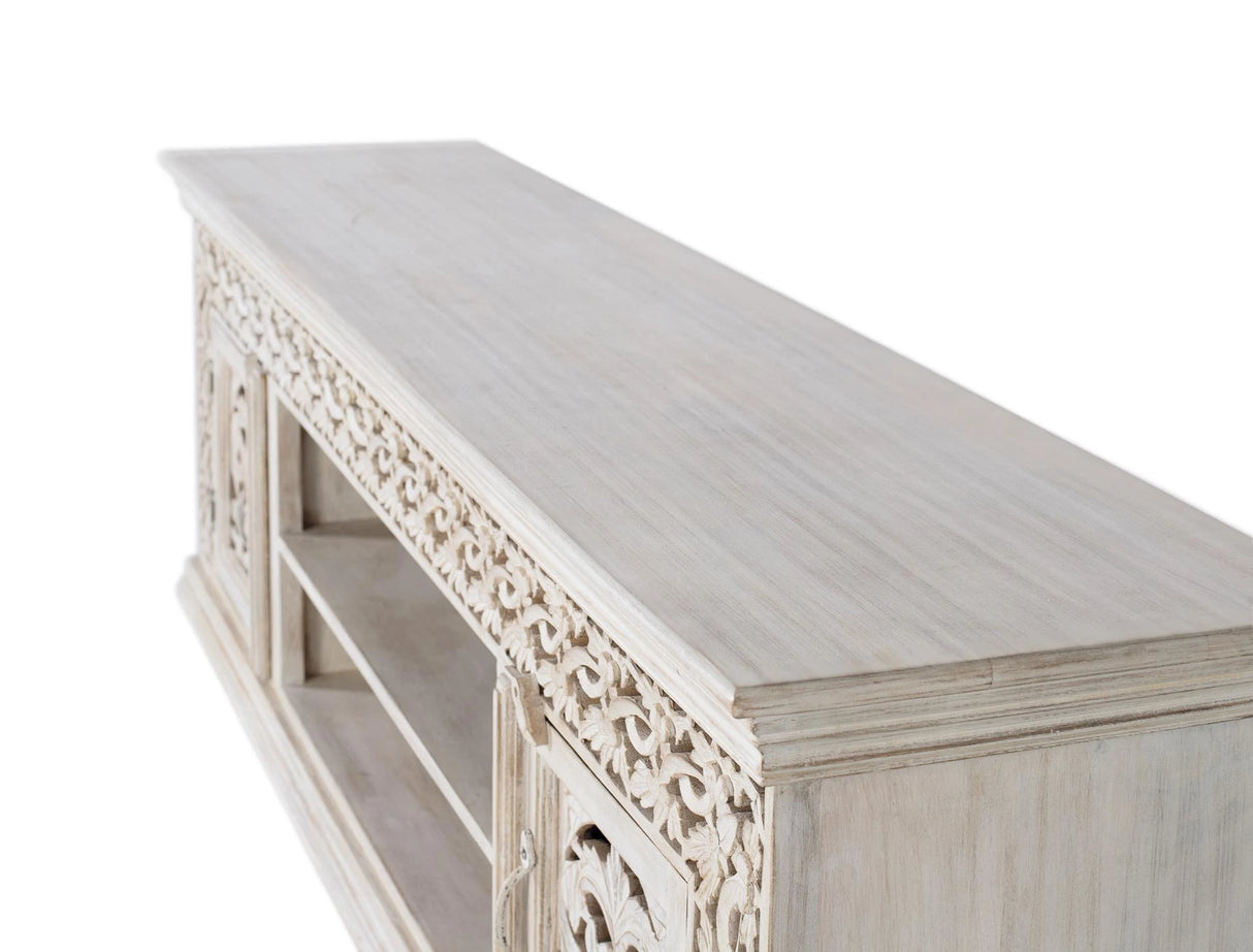 Giner and Colomer - Antique White Mango Wood TV Cabinet With Hand-Carved Doors