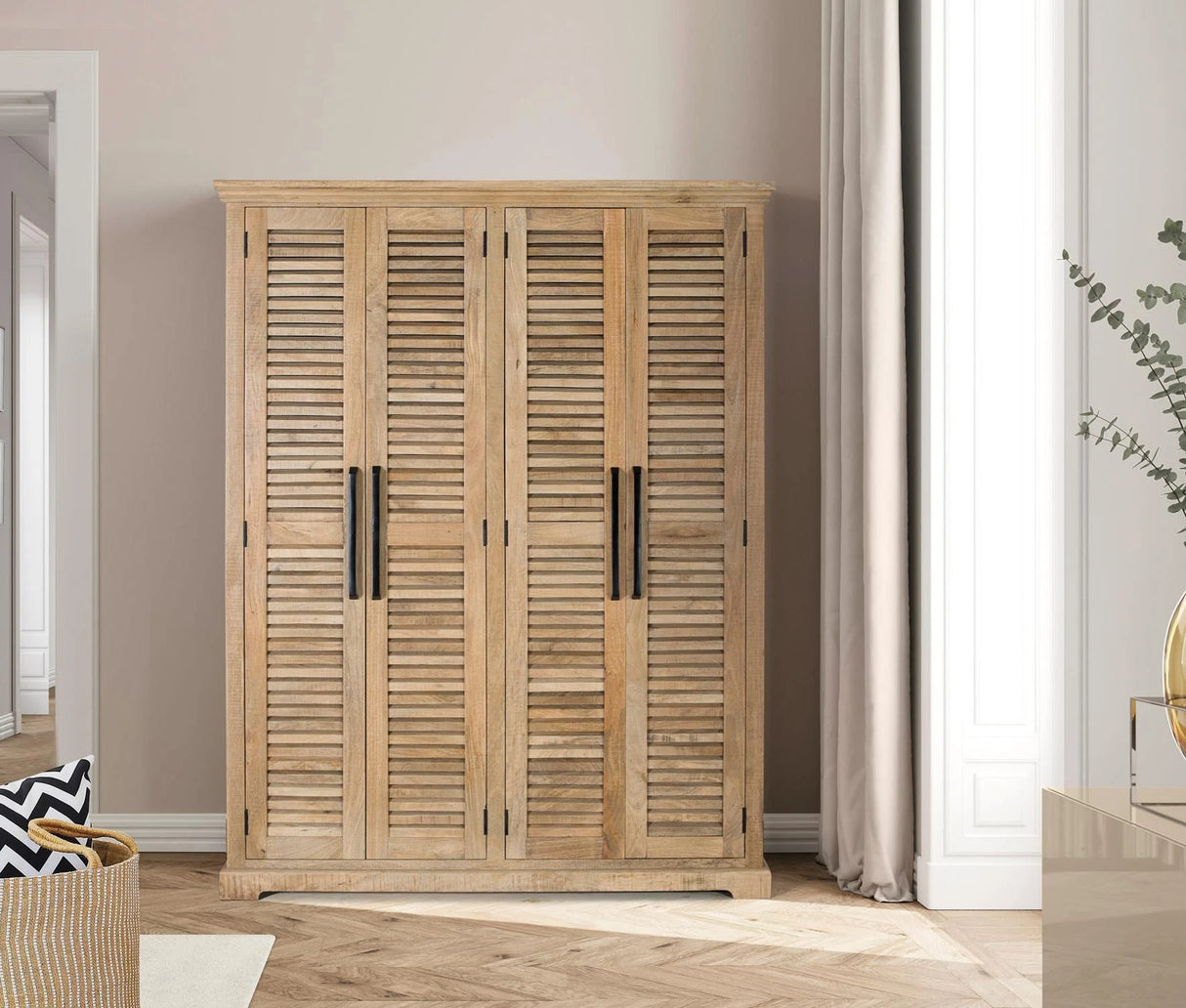 Giner and Colomer - 4-Door Natural Mango Wood Wardrobe With Adjustable Shelves