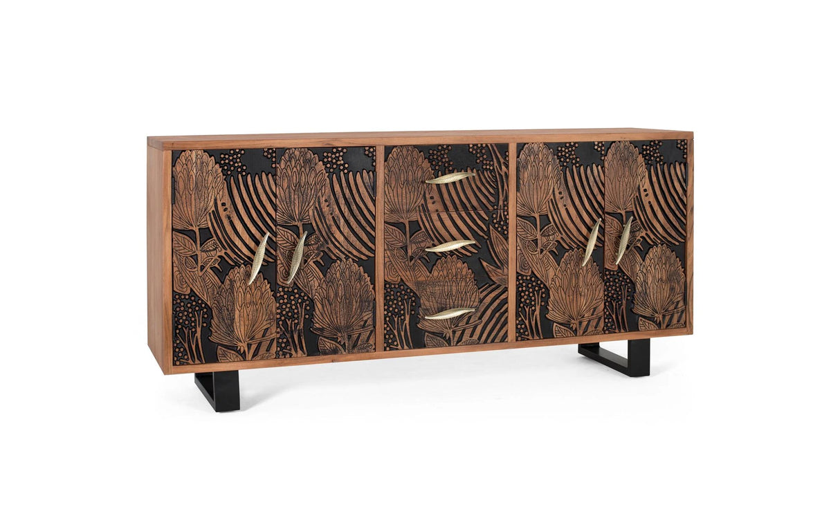 Giner and Colomer - Acacia Wood Sideboard With 4 Doors & 3 Drawers, Natural & Black