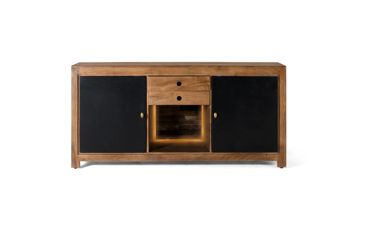 Giner and Colomer - Mango Wood Sideboard With Interior Lighting, 2 Metal Doors & 2 Drawers