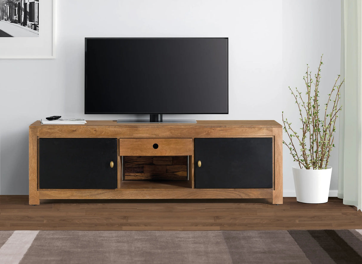 Giner and Colomer - Mango Wood TV Cabinet With Interior Lighting, 2 Metal Doors & 1 Drawer