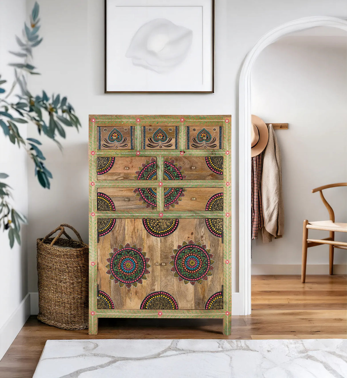 Giner and Colomer - Hand-Painted Mango Wood High Sideboard With 7 Drawers & 2 Doors