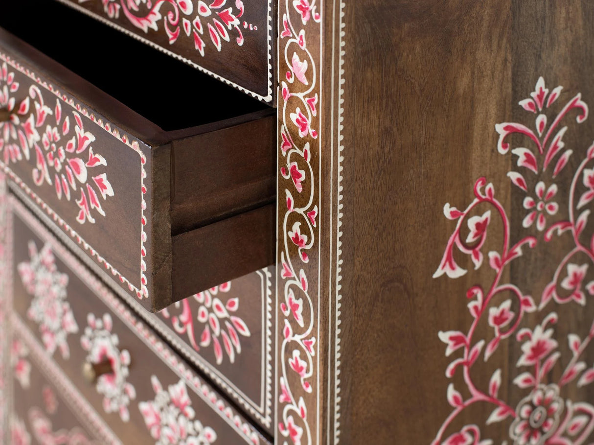 Giner and Colomer - 6-Drawer Mango Wood Chest With Black & Multicolor Hand-Painted Finish