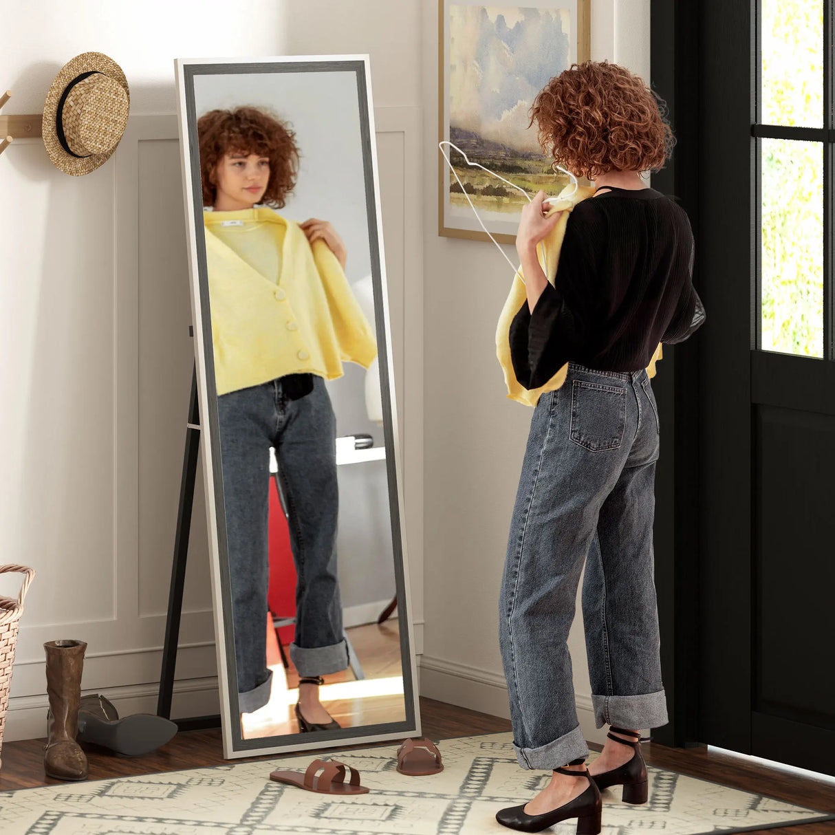 HOMCOM 162.6 cm Two-Tone Full Length Mirror - White/Grey-Tone