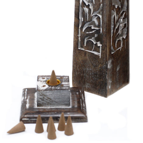 Tapered Incense Tower Washed Des2 - Mango Wood