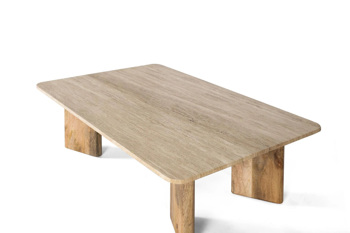Giner and Colomer - Rectangular Coffee Table With Travertine Marble Top & Mango Wood Legs