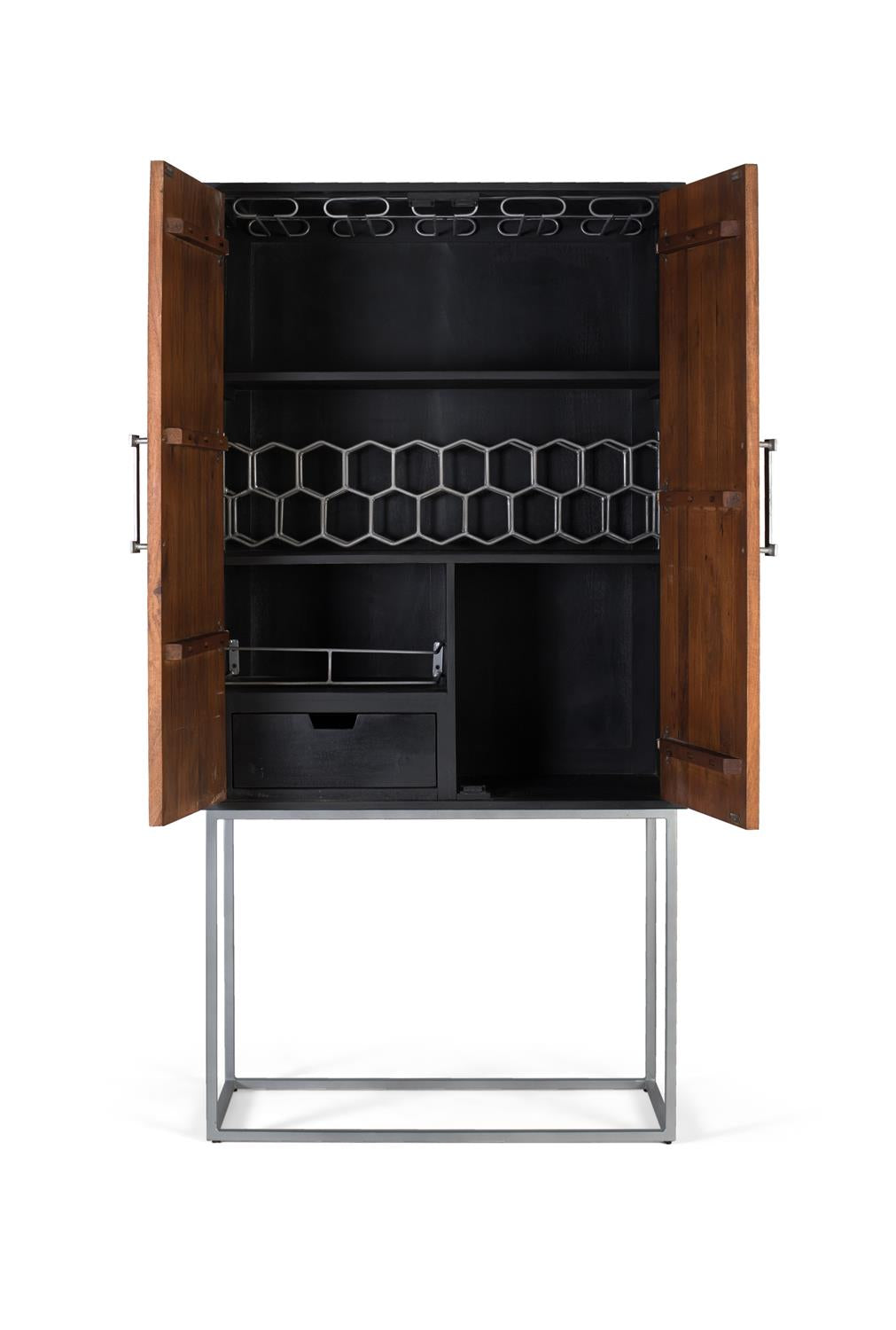 Giner and Colomer - 2-Door Solid Mango Wood Bar Cabinet With Metal Base