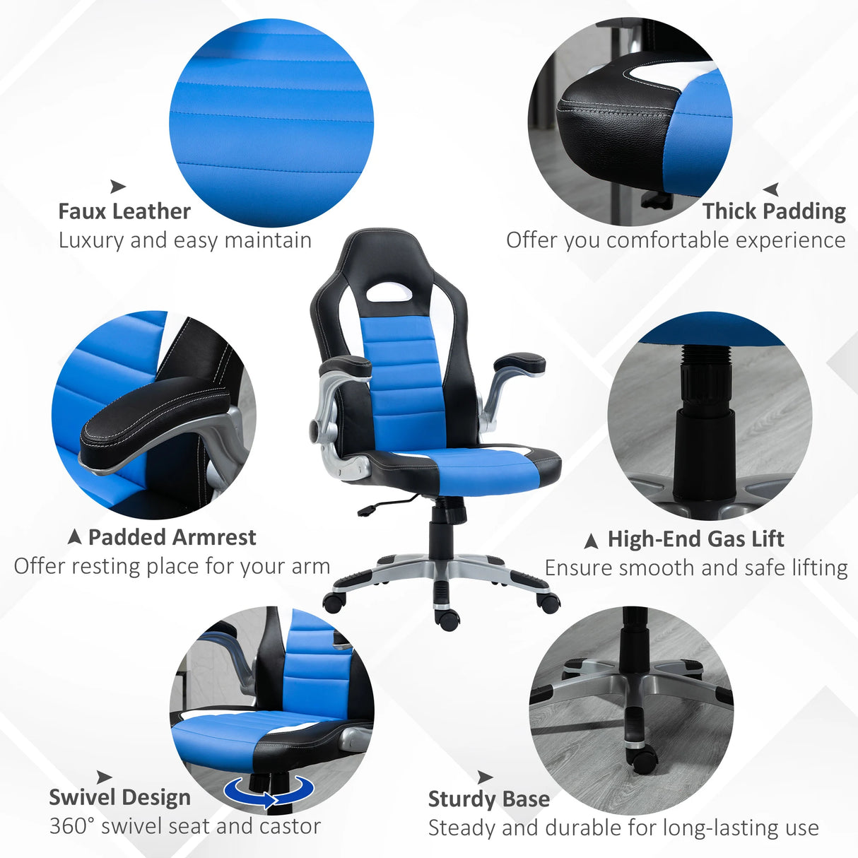 HOMCOM Computer Gaming Chair, Office Desk Swivel Chair, PU Leather Racing Chair with 90 Flip-up Armrest, Adjustable Height and Rolling Wheels, Blue