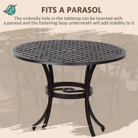 Outsunny 5 Pieces Garden Dining Set for 4, Cast Aluminium Outdoor Dining Set with 4 Armchairs and Round Dining Table with Parasol Hole, Garden Furniture Set, Brown