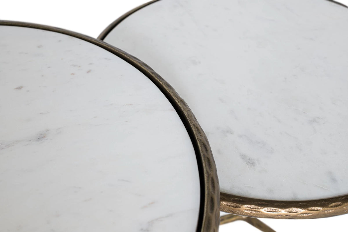 Giner and Colomer - Set Of 2 Round Coffee Tables With Gold Iron Legs & White Marble Tops
