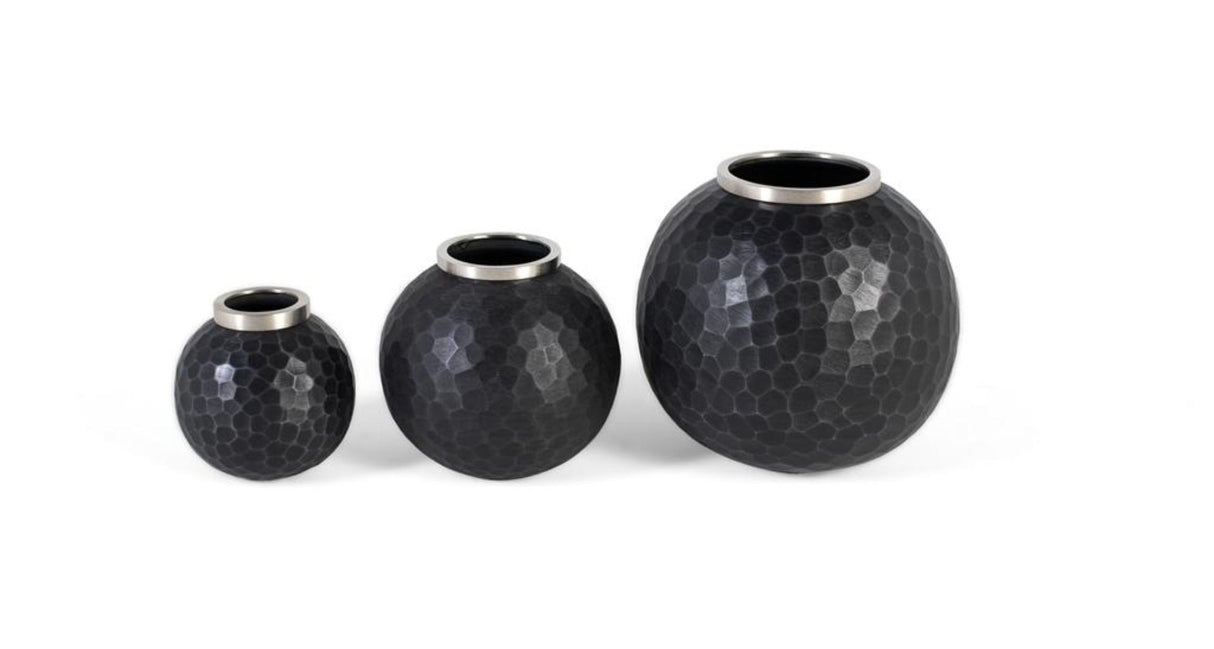 Giner and Colomer - Set Of 3 Dark Grey Metal Vases With Hammered Effect