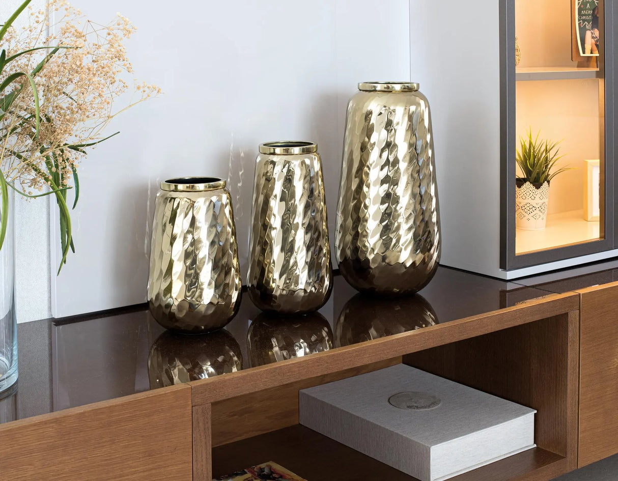 Giner and Colomer - Set Of 3 Gold Metal Vases With Hammered Texture