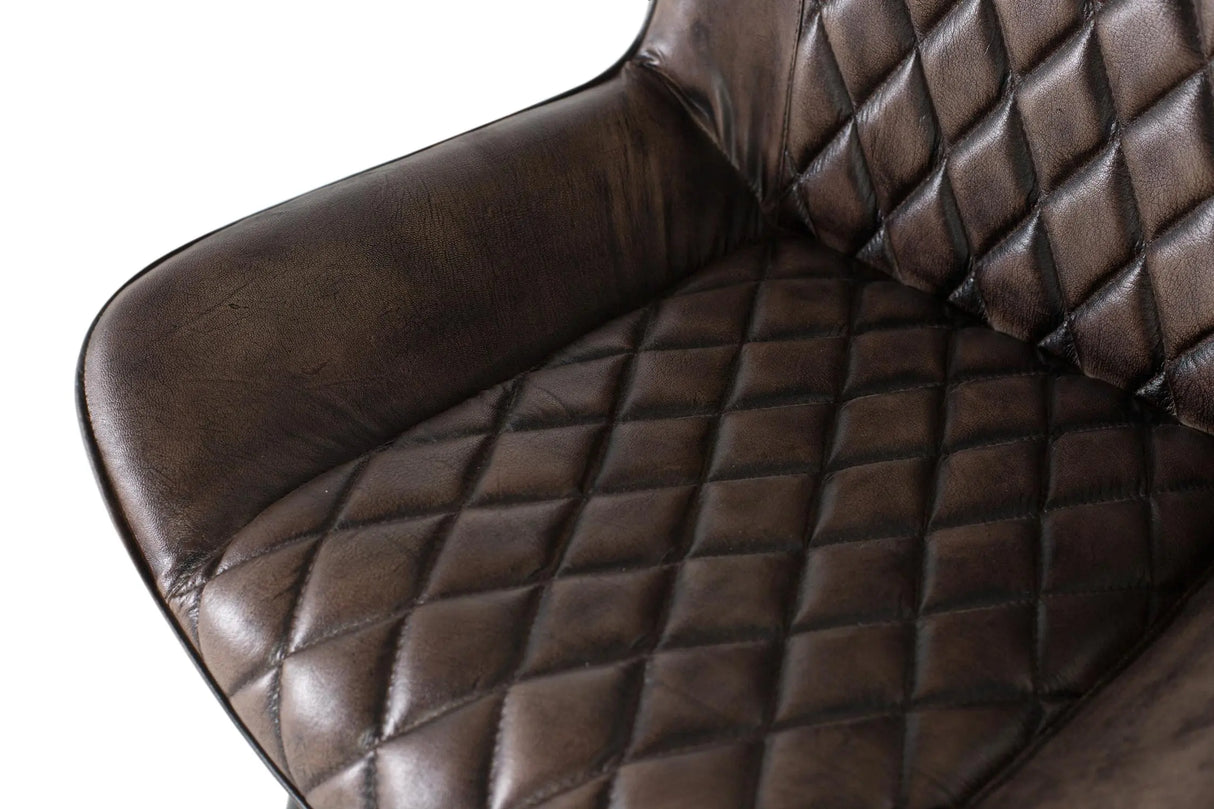 Giner and Colomer - Ash Grey Leather Chair With Diamond Stitching & Iron Cone Legs