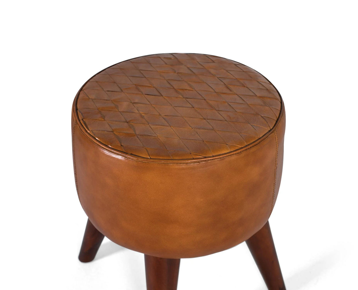 Giner and Colomer - Round Stool In Camel Bovine Leather With Braided Top