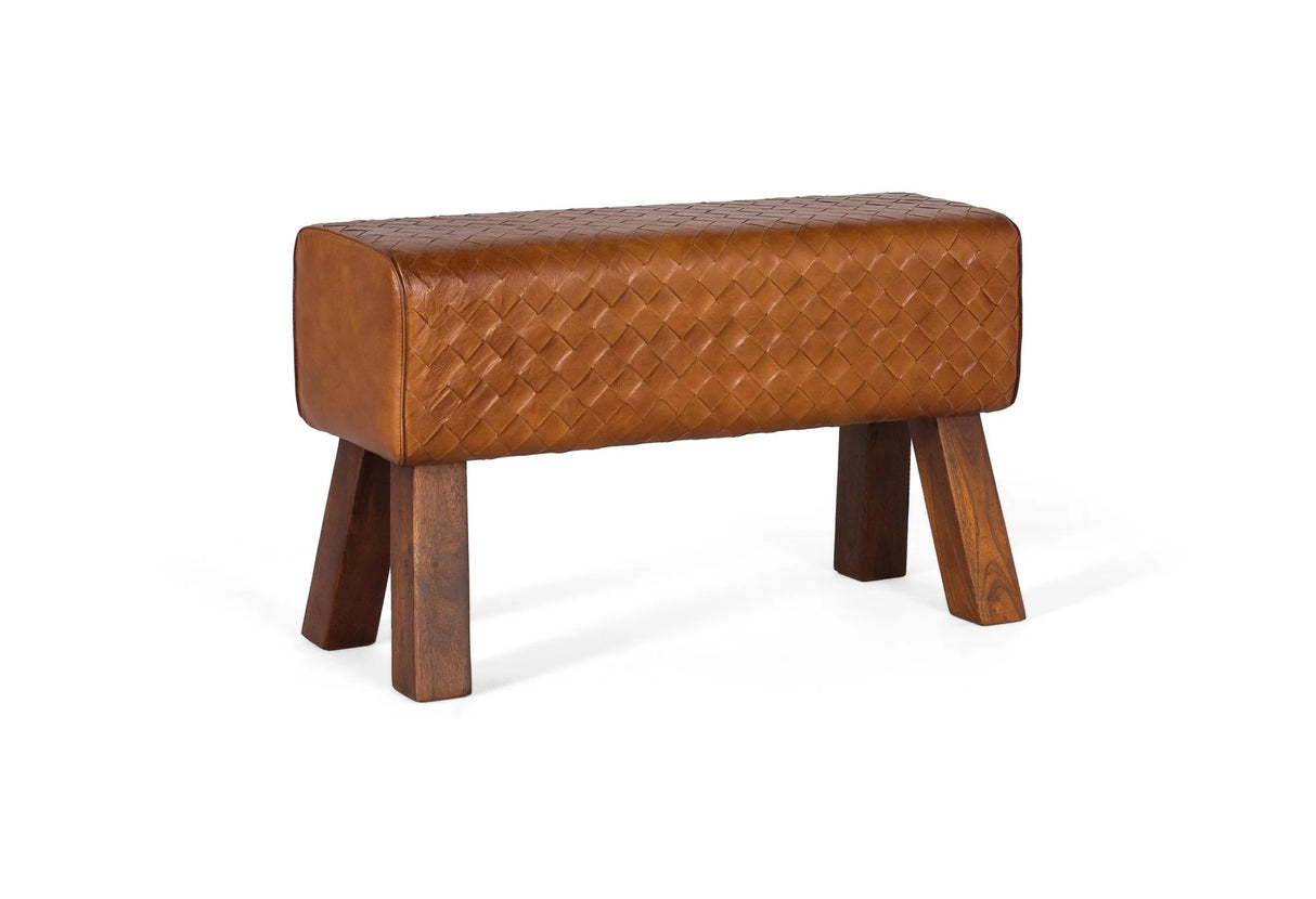Giner and Colomer - Bench With Braided Camel Bovine Leather Seat & Solid Wood Frame
