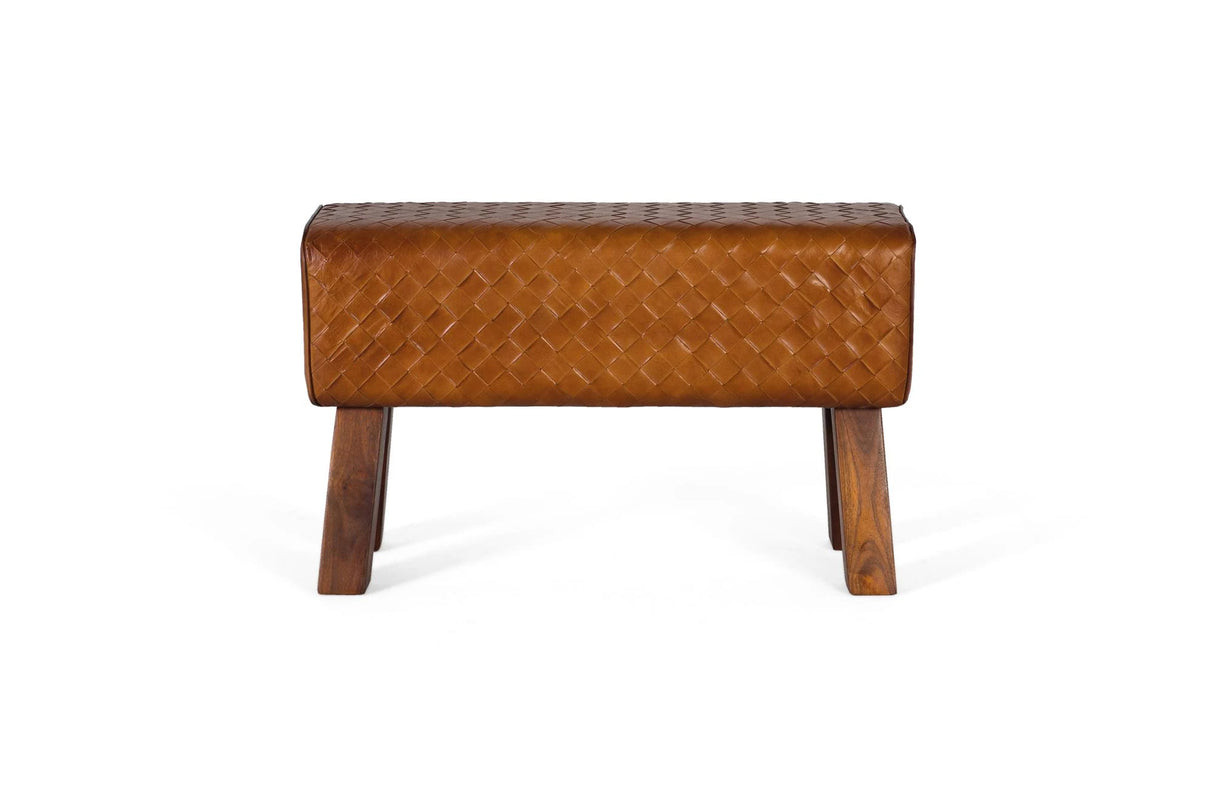 Giner and Colomer - Bench With Braided Camel Bovine Leather Seat & Solid Wood Frame