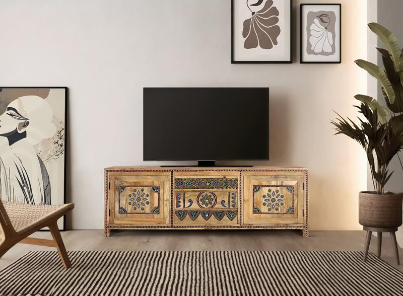Giner and Colomer - Hand-Painted Mango Wood TV Cabinet With 3 Drawers & 2 Doors