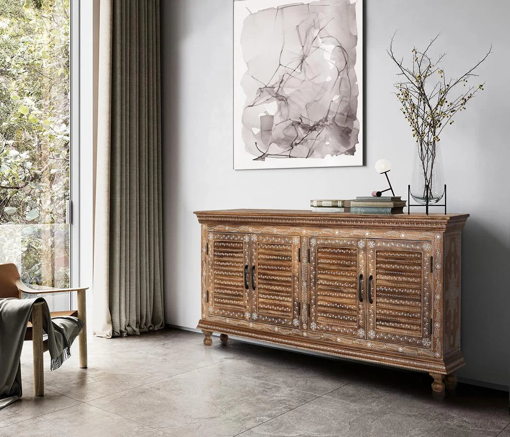 Giner and Colomer Artisanal 4-Door Hand-Painted Mango Wood Sideboard