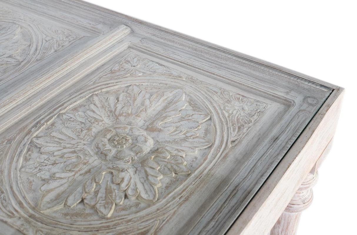 Giner and Colomer - Hand-Carved Mango Wood Dining Table With Glass & Turned Legs