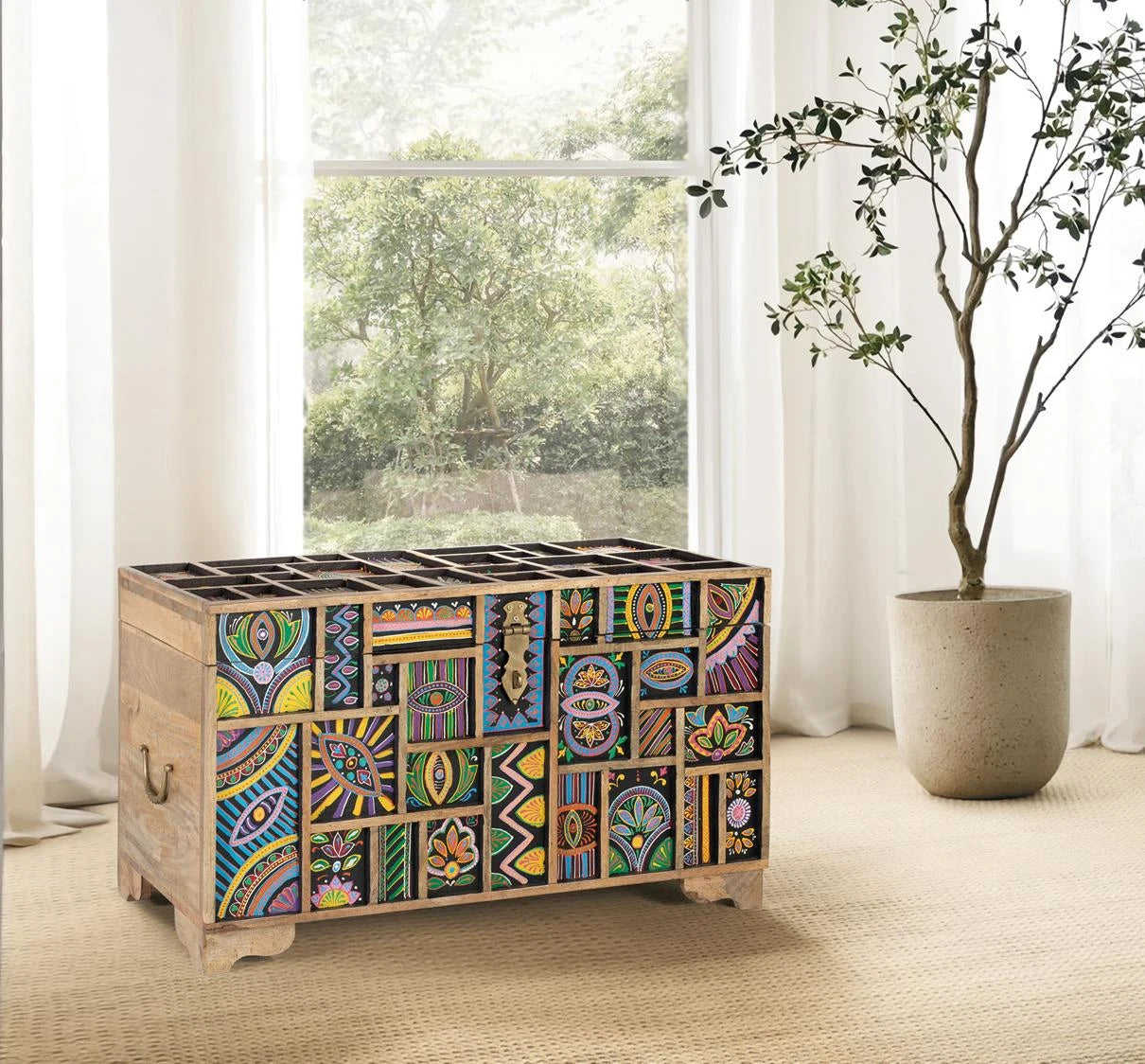 Giner and Colomer - Multicolored Hand-Painted Mango Wood Trunk (Top Opening)