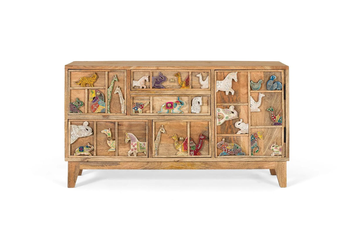 Giner and Colomer - Mango Wood Chest Of Drawers With 5 Drawers & Side Door (Hand-Carved Animal Details)