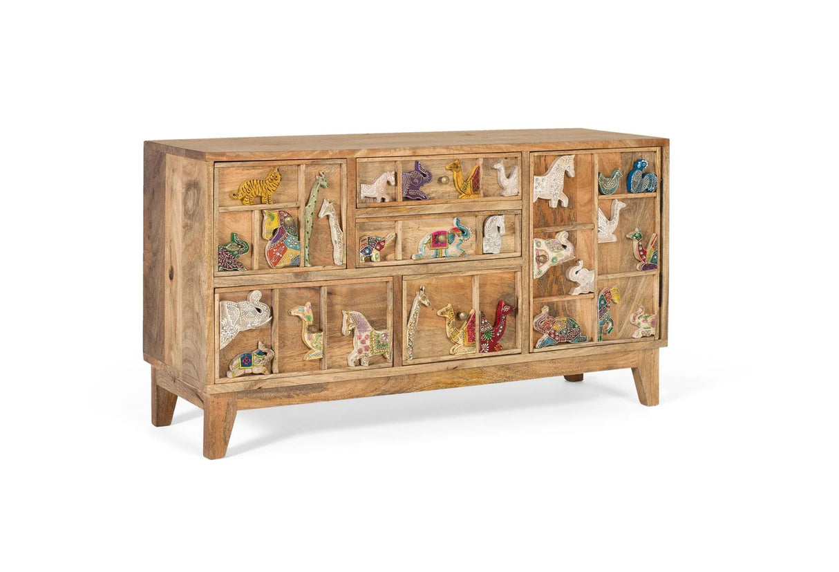 Giner and Colomer - Mango Wood Chest Of Drawers With 5 Drawers & Side Door (Hand-Carved Animal Details)
