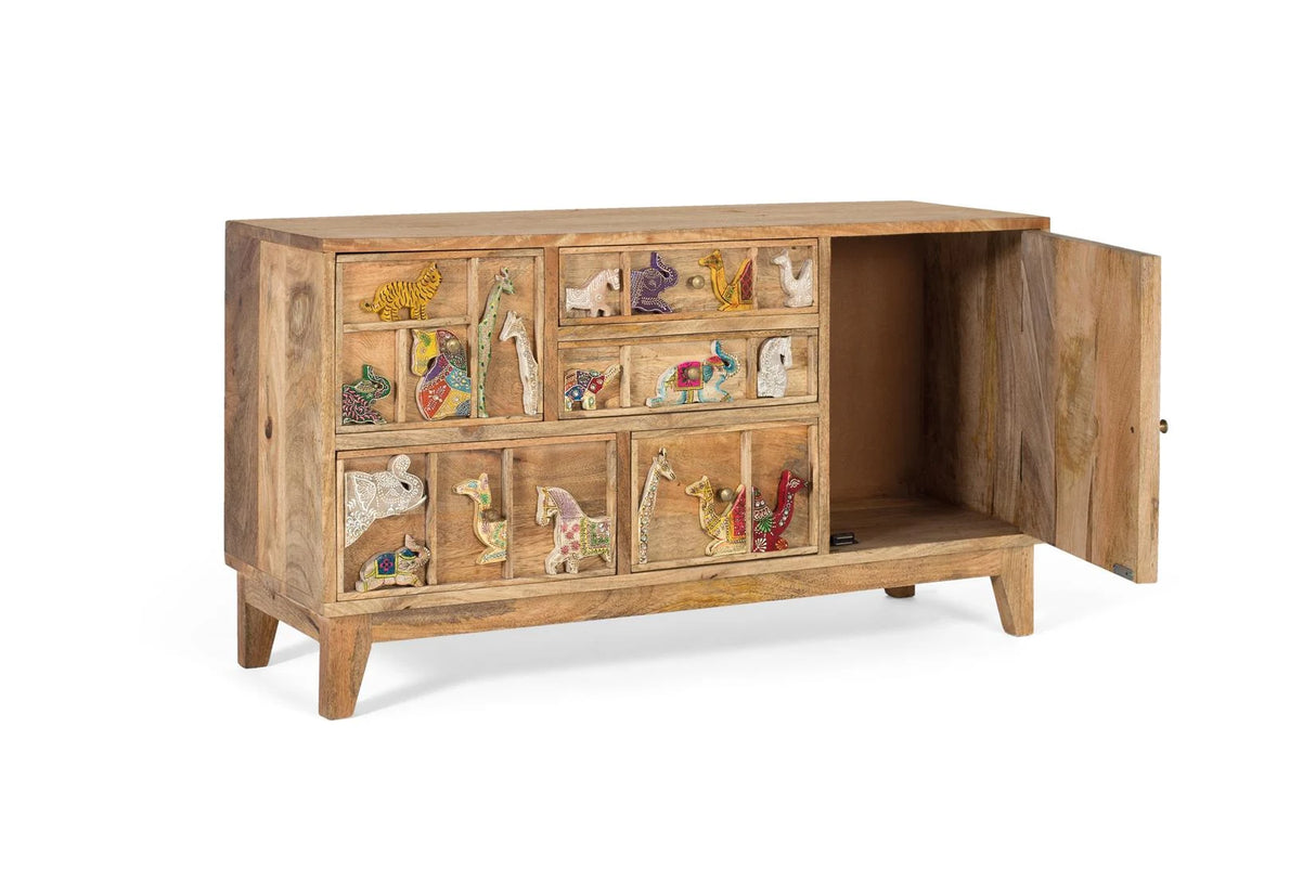 Giner and Colomer - Mango Wood Chest Of Drawers With 5 Drawers & Side Door (Hand-Carved Animal Details)