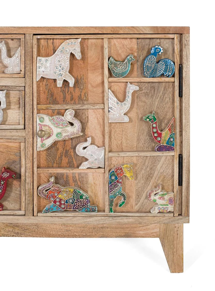 Giner and Colomer - Mango Wood Chest Of Drawers With 5 Drawers & Side Door (Hand-Carved Animal Details)